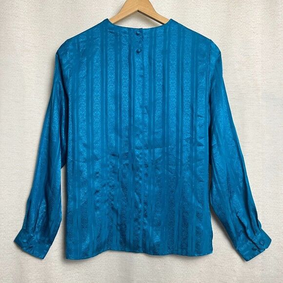 Worthington Blouse Top Sz Medium 14 Teal Blue Floral Print Peacock - Picture 4 of 6